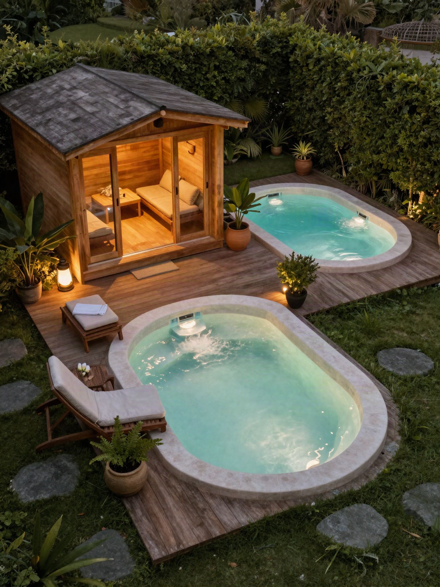 Gartenhaus mit Sauna und eingelassenem Pool bei Dämmerung