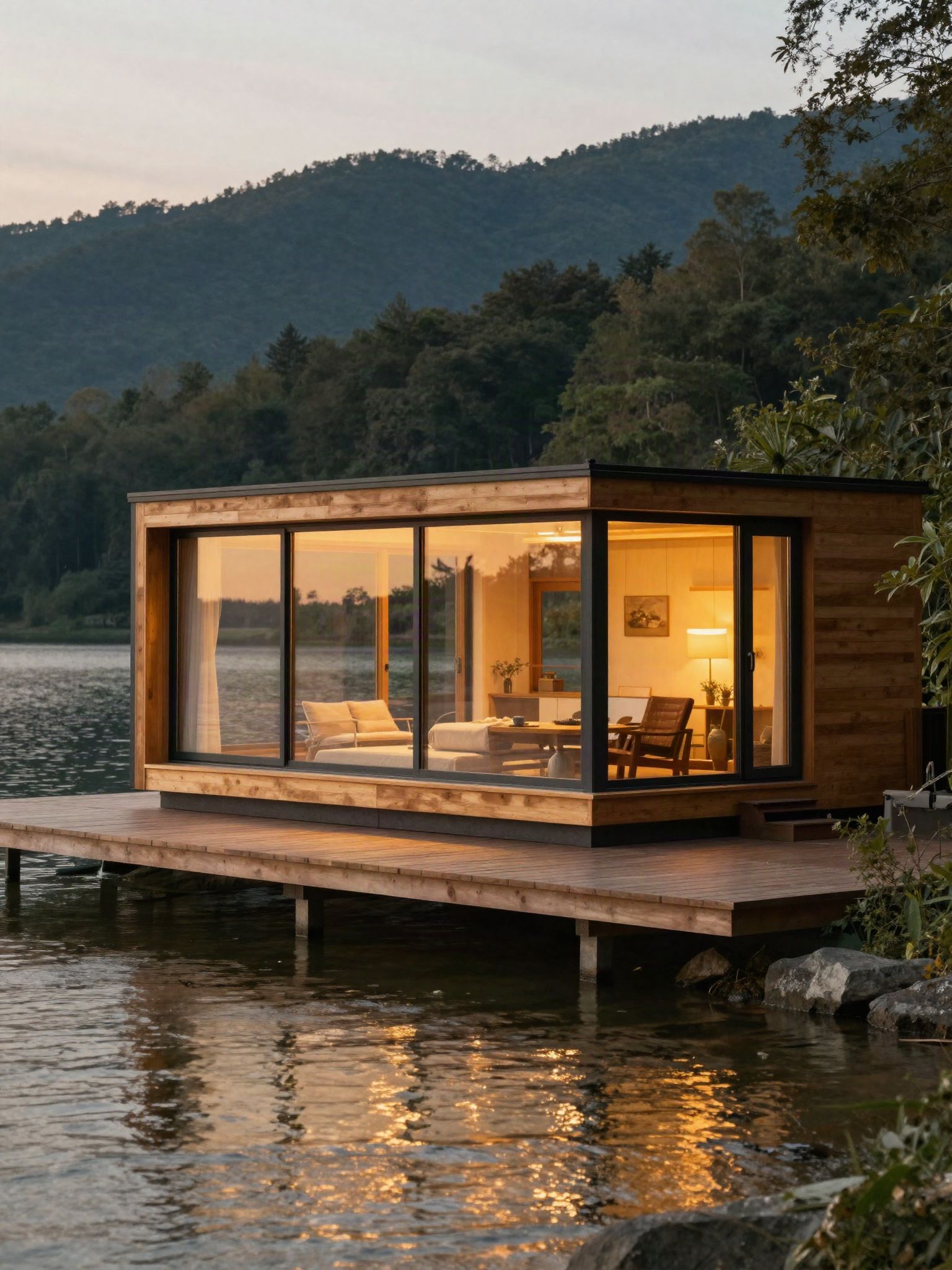 Tiny House am See bei Nacht